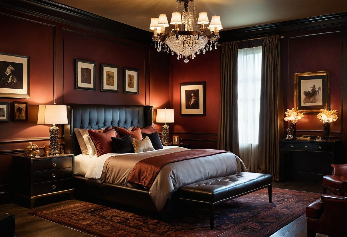 A luxurious, richly decorated room filled with intriguing adult merchandise artfully displayed, featuring elegant textures like silk and leather. Soft ambient lighting creates an inviting atmosphere, with subtle hints of passion in the color palette. Include seductive silhouettes and sensual shapes to evoke curiosity. An inviting mist or soft-focus background adds a hint of mystery. super-realistic. vibrant colors. warm tones.