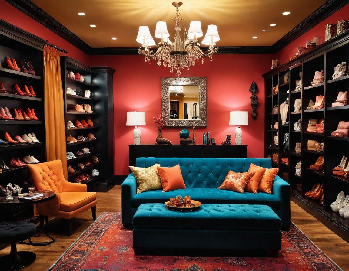 A lively and inviting adult boutique interior, filled with an eclectic array of intimate items displayed elegantly. Warm lighting creates an ambient atmosphere, while plush seating and tasteful decor invite exploration. Intriguing silhouettes of products and hints of playful accessories beckon curiosity, with a backdrop showcasing colorful merchandise and artful arrangements. silky fabric in bold colors drape the shelves. super-realistic. vibrant colors. soft focus.