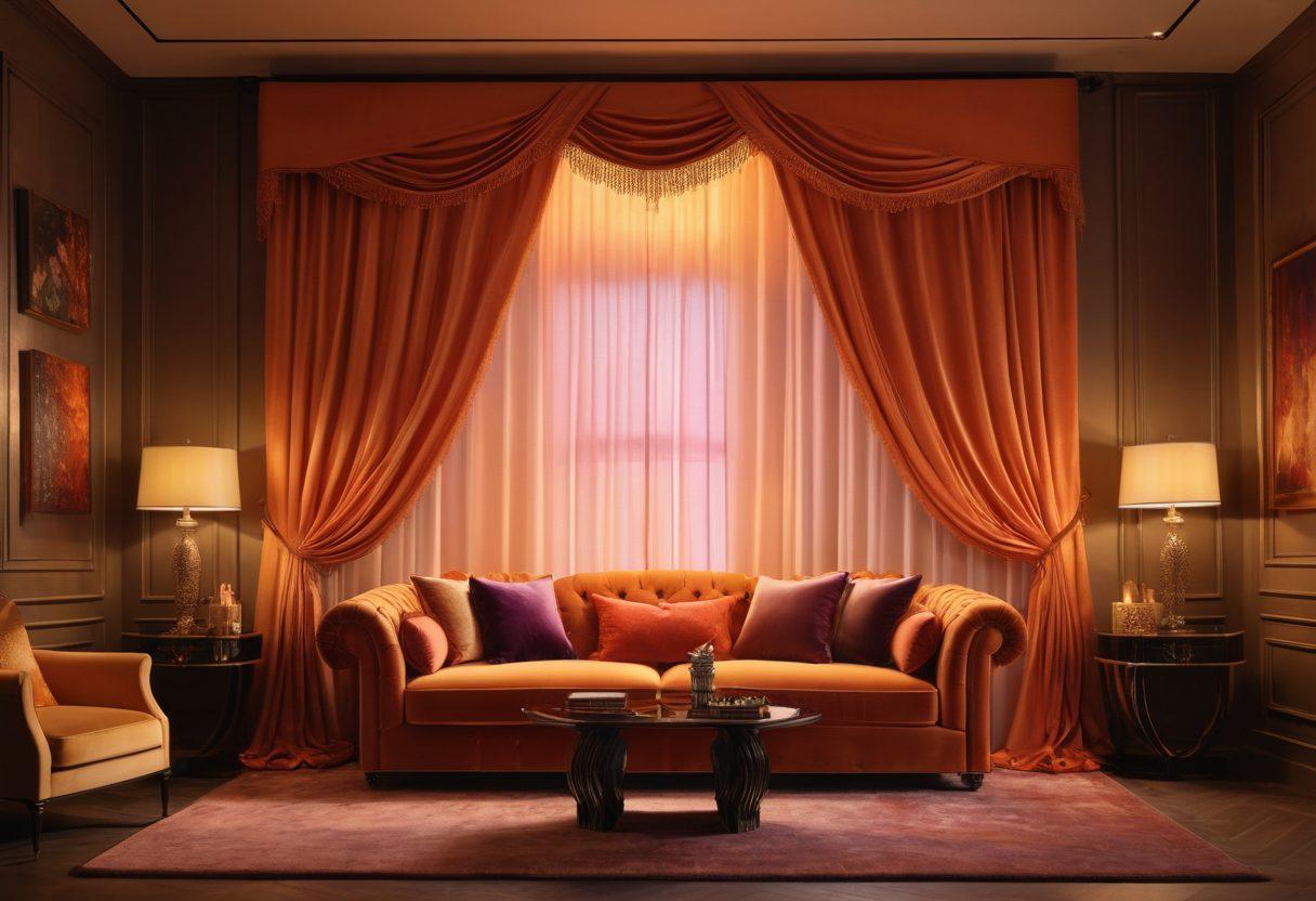 An enticing, vibrant scene of a lavish boutique filled with luxurious pleasure products, soft ambient lighting casting a warm glow, elegant silk curtains framing the display, a plush velvet couch inviting relaxation, and an aura of alluring mystery and excitement. super-realistic. vibrant colors. warm lighting.